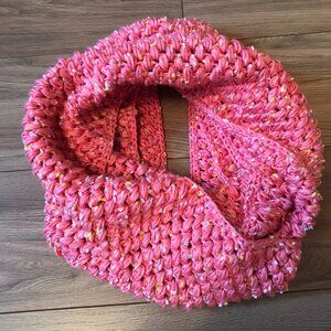 Hand Crocheted Infinity Scarf Shawl Cowl Pink with Yellow Specks Puff Stitch